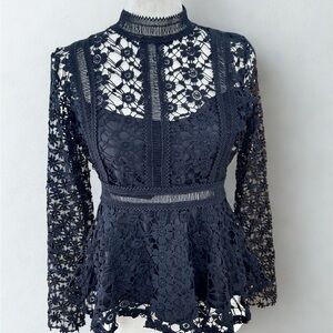 NWT I.Madeline Black Lace Blouse Elegant Sheer Top Feminine Layering Piece